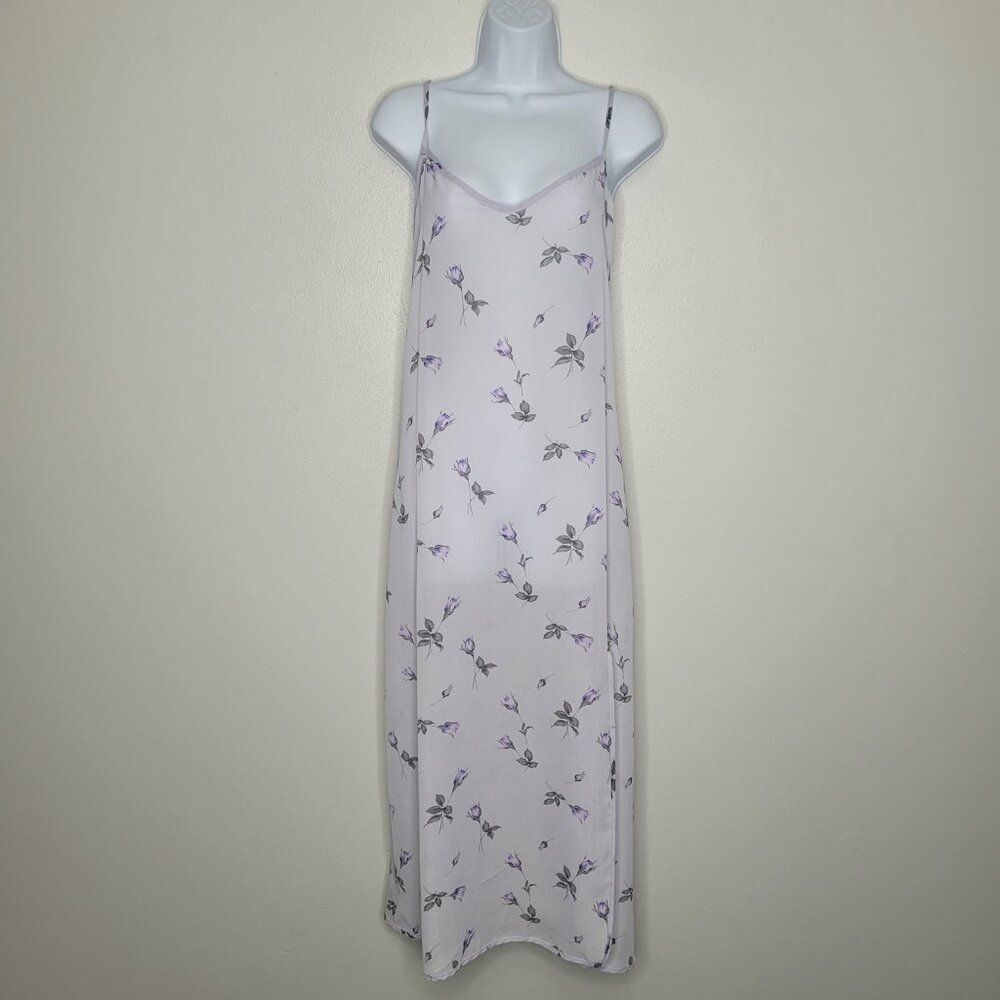 Vintage lavender floral semi sheer slit feminine delicate cottage slip dress L